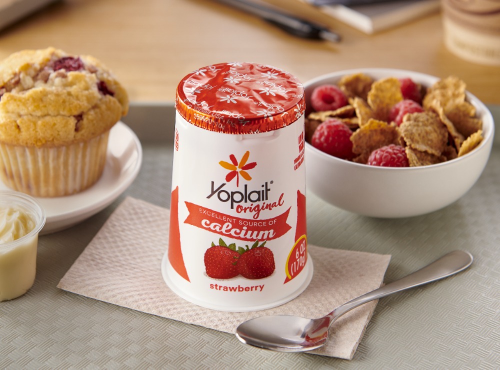 Yoplait strawberry with cereal and a muffin