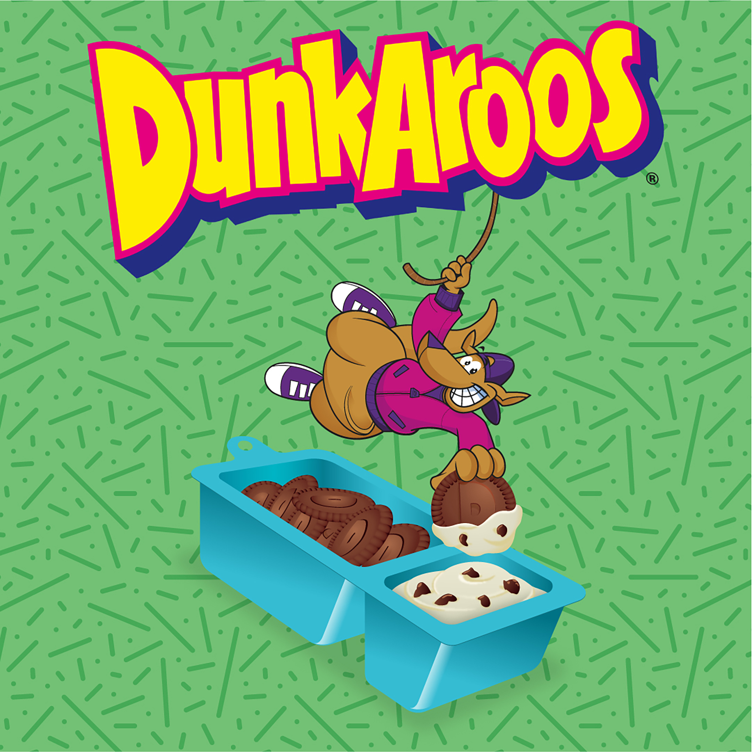 Dunkaroos kangaroo dipping chocolate cookies into vanilla chocolate chip frosting